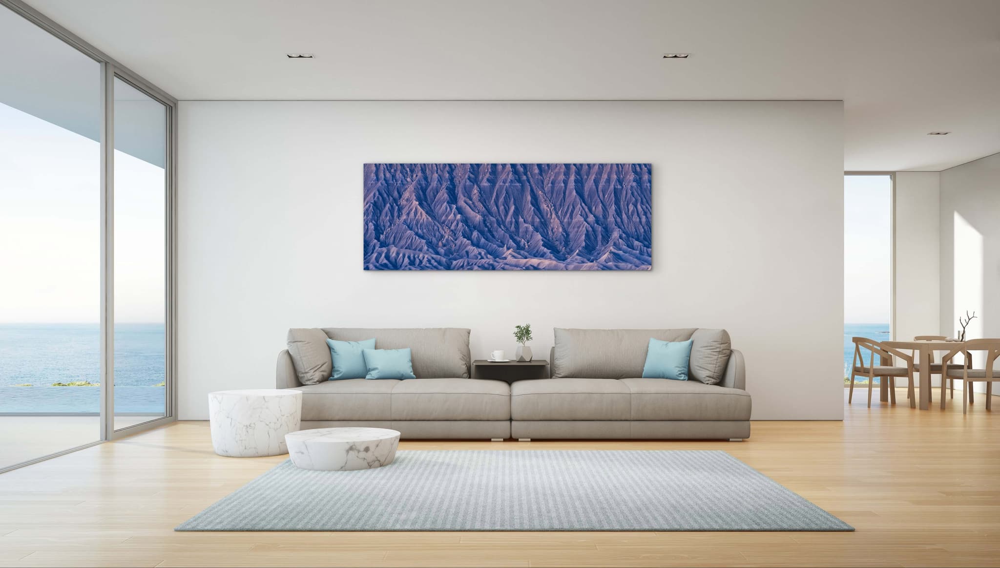 ChromaLuxe metal print panorama displayed in modern living room with ocean view