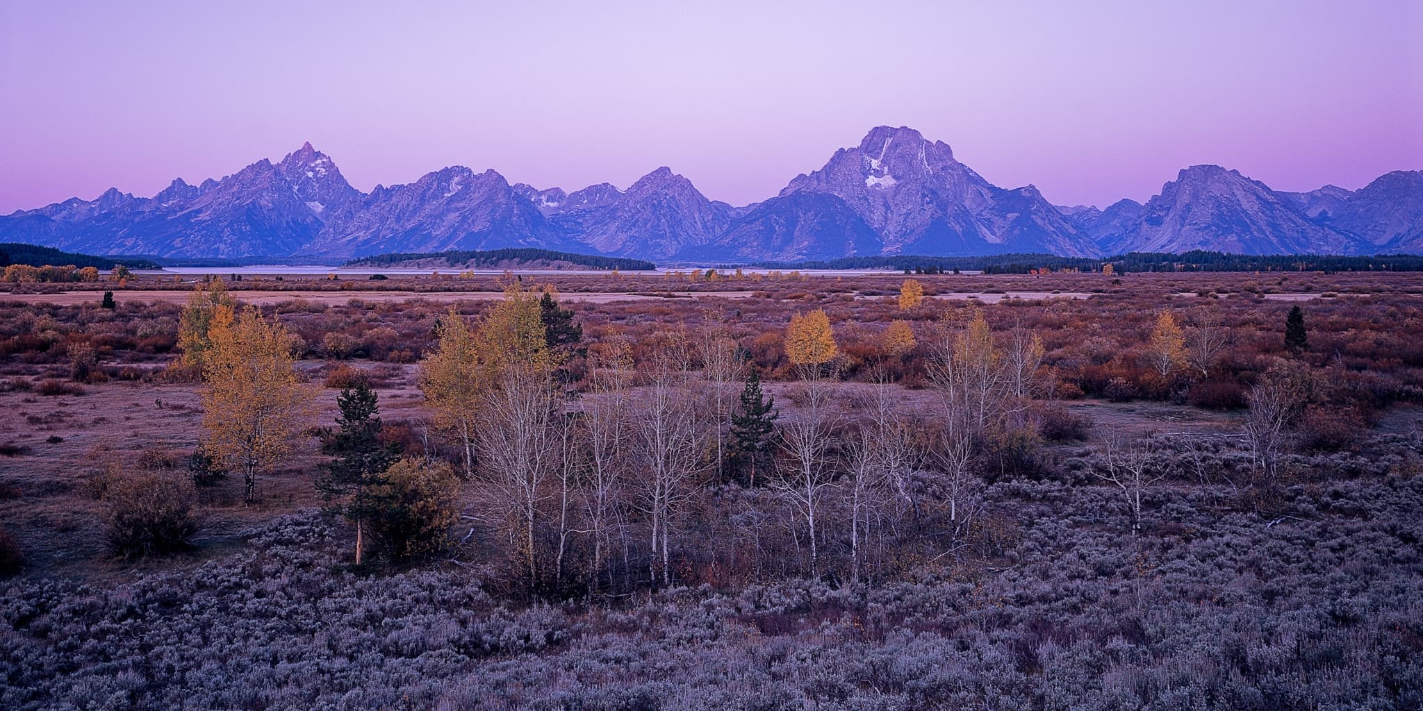 The Grand Teton range in predawn blue light during fall color season, the peaks rising above the Snake River bottomlands. Photograph by Marty Quinn